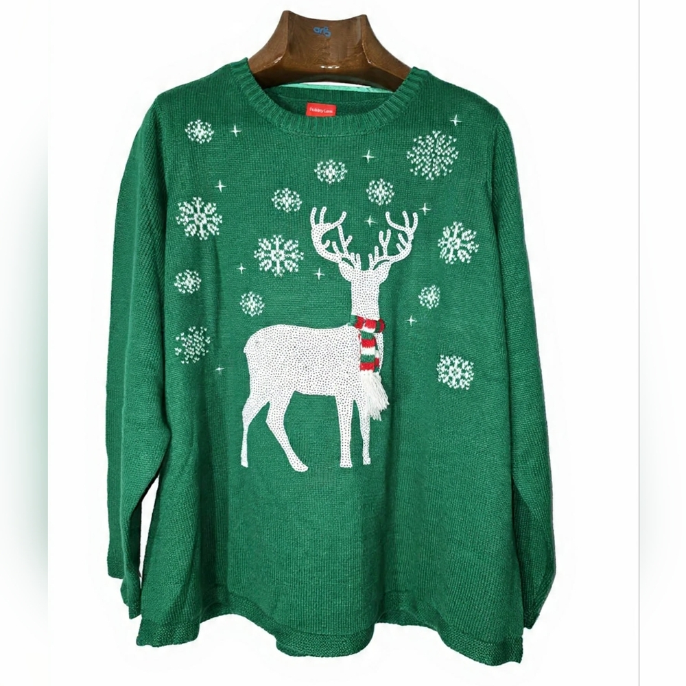 Holiday Lane‎ Green Christmas Reindeer Sweater Unisex 3X Plus Size Festive Knit